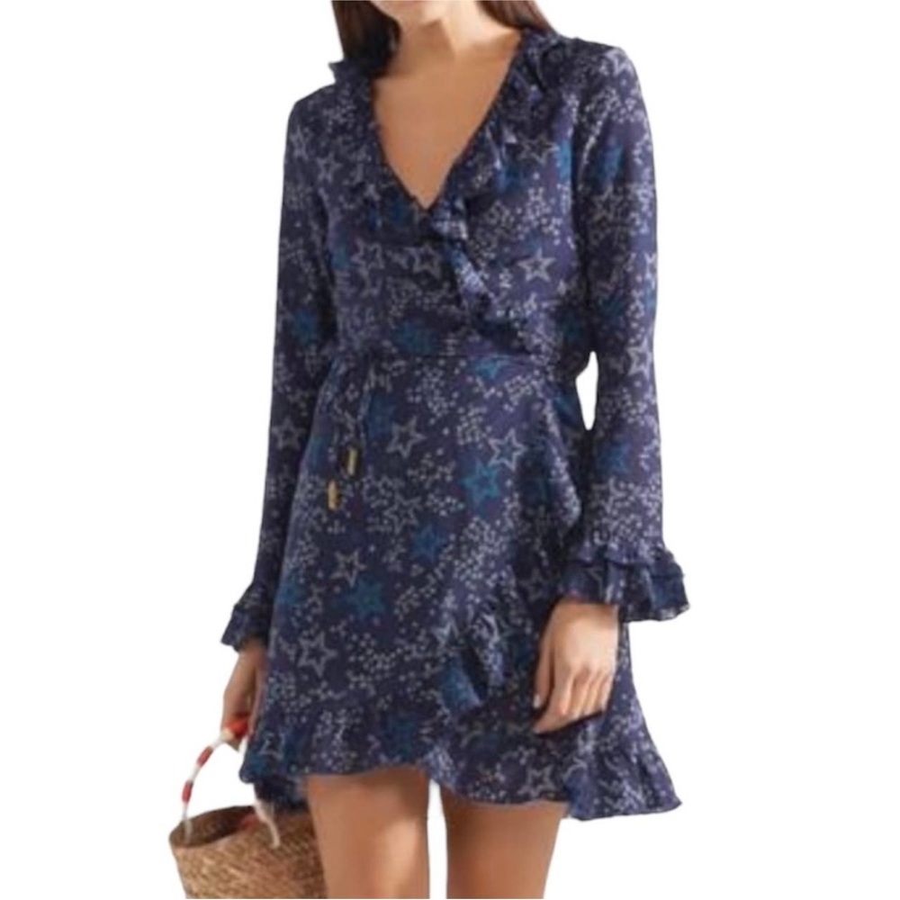 Paloma Blue Star printed silk wrap long sleeve dress ruffled hem size medium